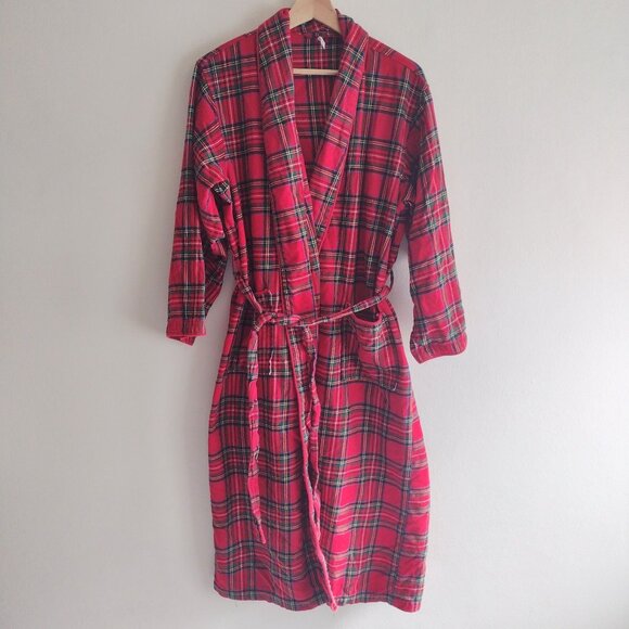 Pottery Barn Red Plaid Flannel Robe Womens M Cozy Holiday Wrapper w Pockets - Picture 11 of 11